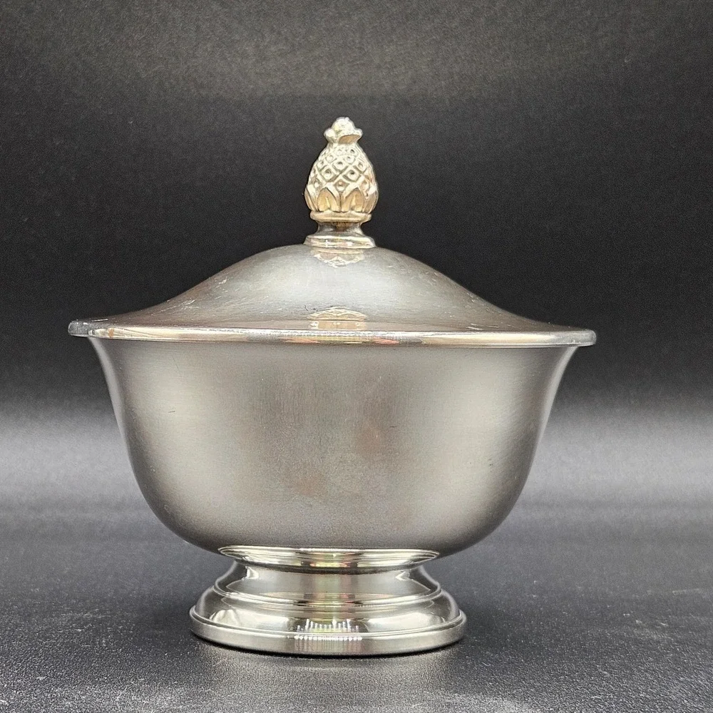 Vintage Silver Plated Footed Sugar Bowl with Pineapple Finial Lid Round Dish